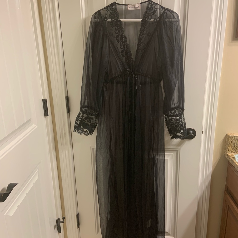 Vintage Donna Richard Sheer Black Lace Long Robe S